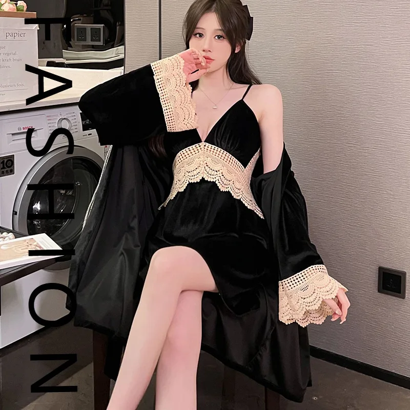 

Sexy pajamas women's autumn and winter golden velvet long-sleeved suit sexy v tie chest pad suspender nightdress robe two-piece