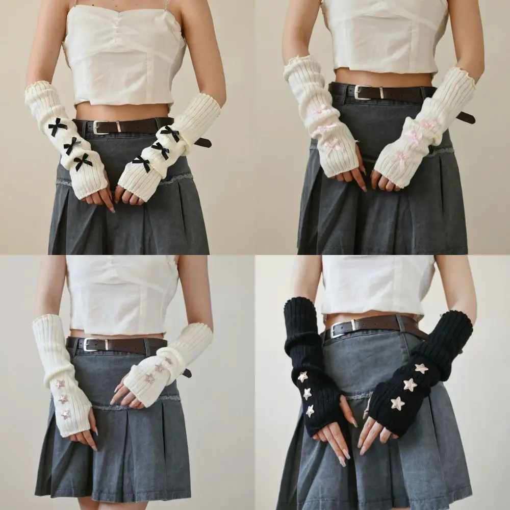 

New Y2k Long Long Wrist Gloves Knitted Cold Proof Arm Warmer Gloves False Sleeves Bow Star Warm Arm Sleeve Autumn Winter