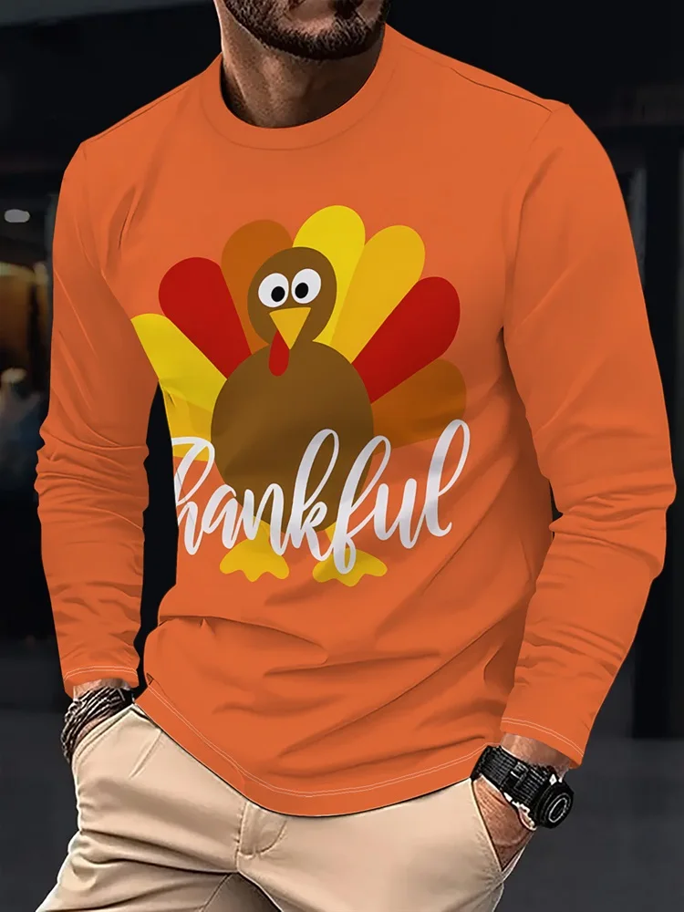 Men's Thanksgiving Turkey Long Sleeve T-Shirt Thankful Graphic Tee Pullover Tops Gift New Fashion Fall Autumn Orange Cute