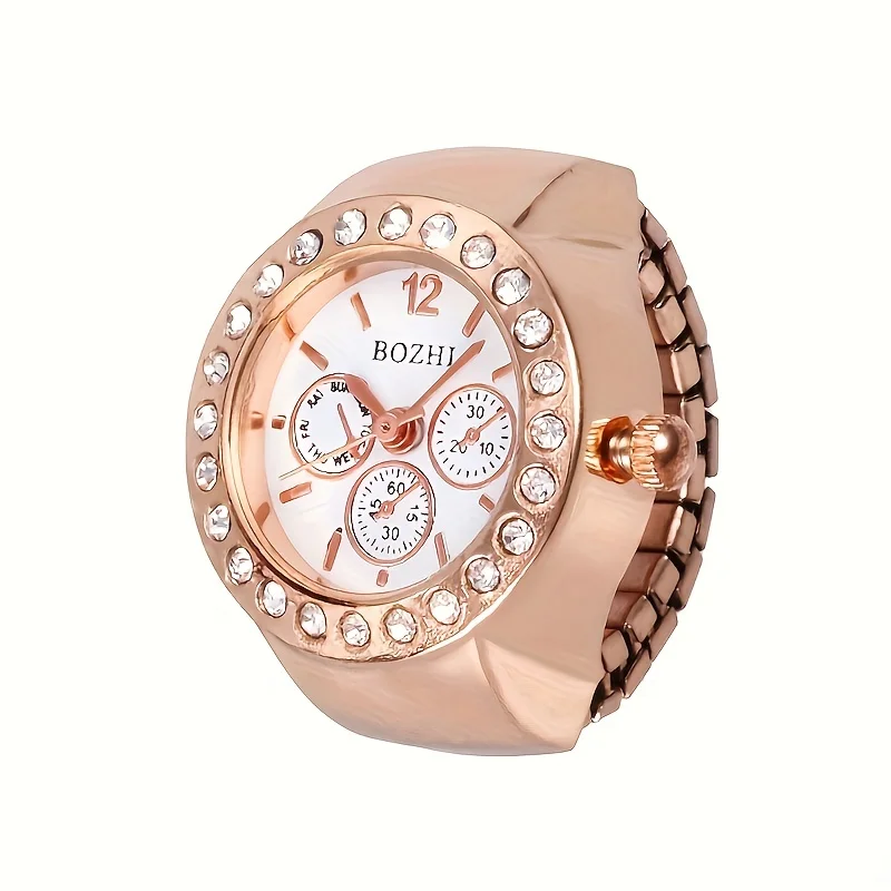 Fashion Three Circle Dial Adjustable Strap Inlaid Rhinestone Ring Quartz Watch, Solid Color Alloy Watch, Party School Supplies