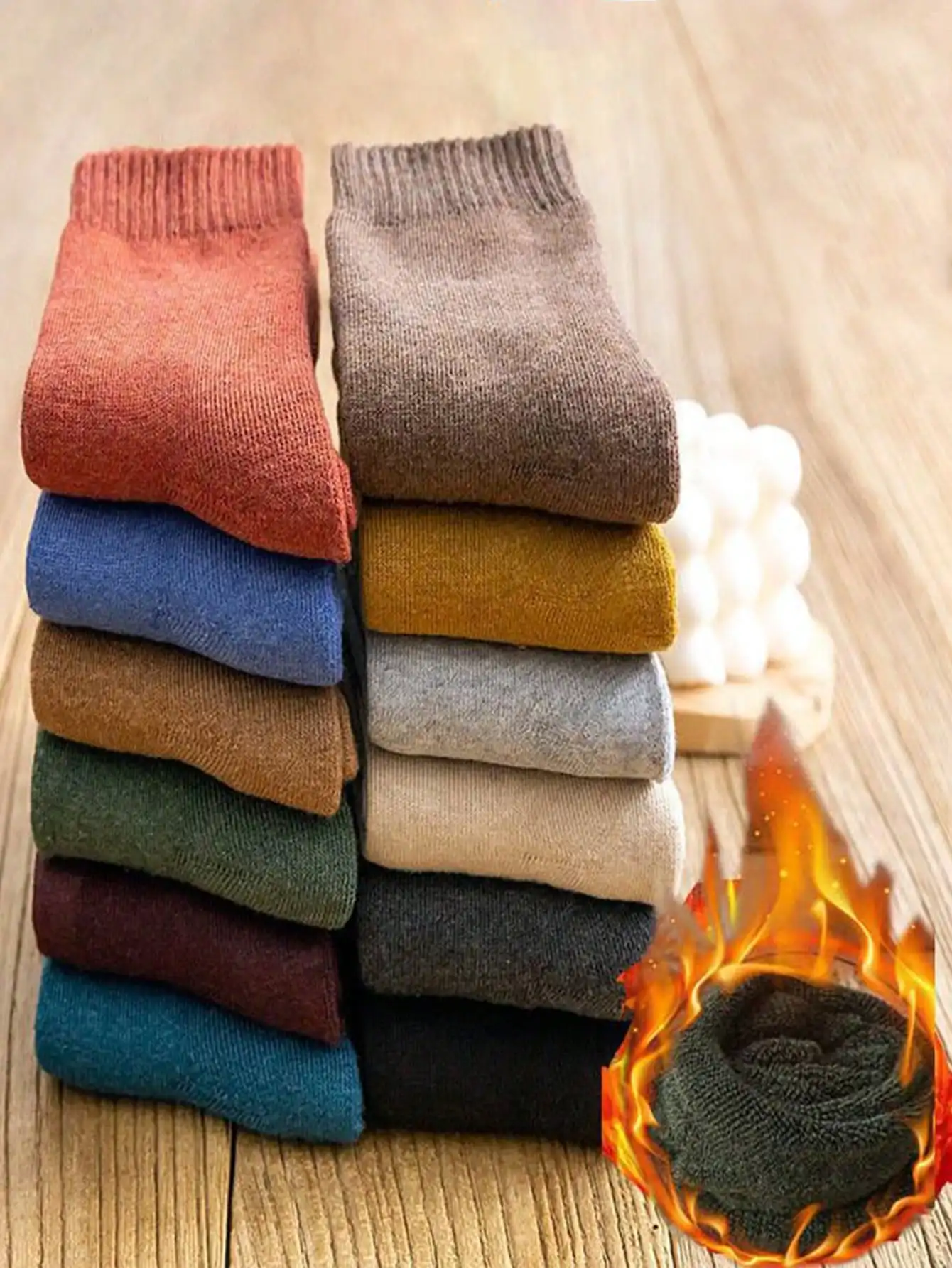 10 Pairs Men\'s Simple Solid Color Casual Thick & Fleece Lined Warm Daily Crew Socks