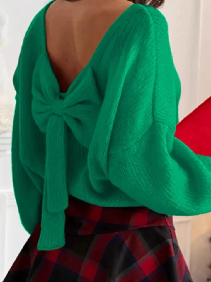 

Fashion Backless Solid Knit Pullovers Casual Long Sleeve Bow Lace Up Loose Sweater Autumn Winter 2026 New Women's Commute Jumper