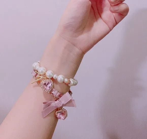 オリジナル手作り和菓子とかわいい女性ビーズパールチェーン弓ラインストーンブレスレット二重層ロリータアクセサリー女性