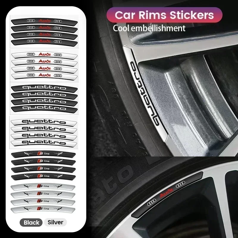 

3D Aluminum Car Wheel Rims Racing Stickers Badge Auto Decoration For Audi Sline RS QUATTRO A3 A4 B8 8P 8V B6 A5 A6 C7 Q5 B9 B7 C