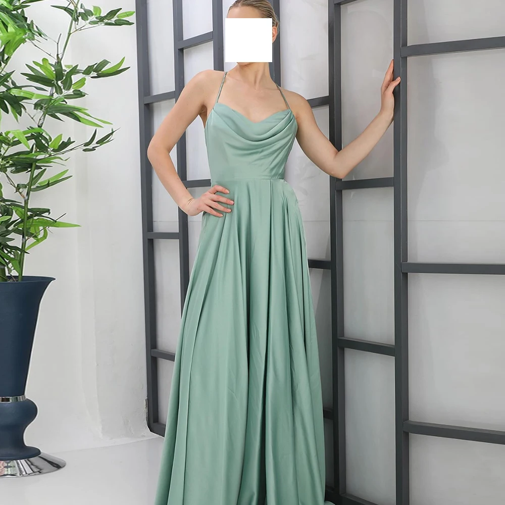 

Simple Straight Green Floor Length Evening Dress Classic Square Neck Jersey Sleeveless Pleats Saudi Arabia Celebrity Gowns