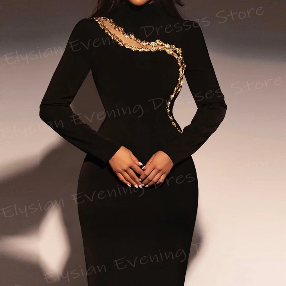 Modest Black Women's Mermaid Generous Evening Dresses New High Neck Formal Party Prom Gowns Long Sleeve Beaded Vestido De Noche