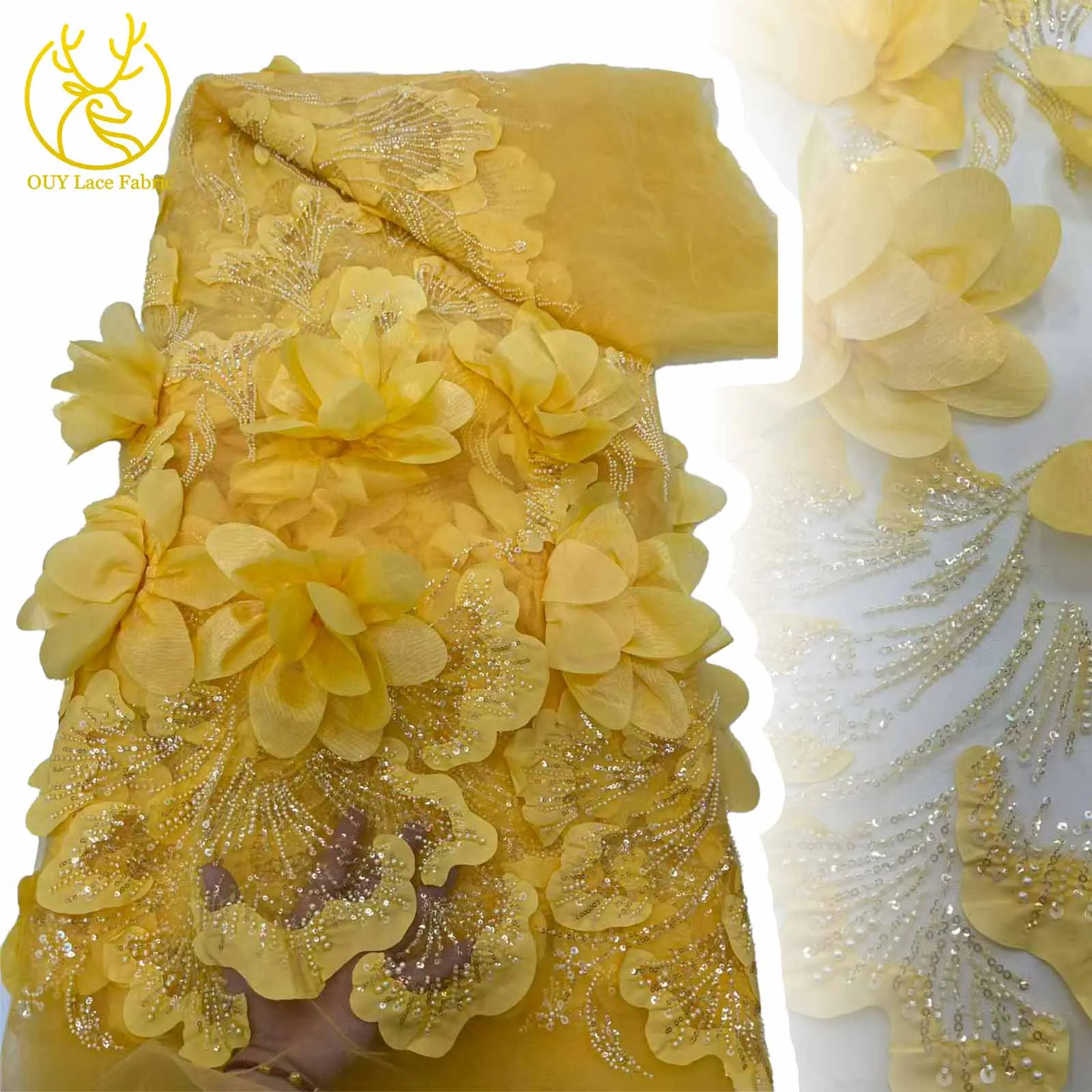 

Newest Hot Sale African 3D Flower Tulle Lace Fabric 2025 French Nigerian Sequins Beaded Lace Fabric for Party Wedding Dresses