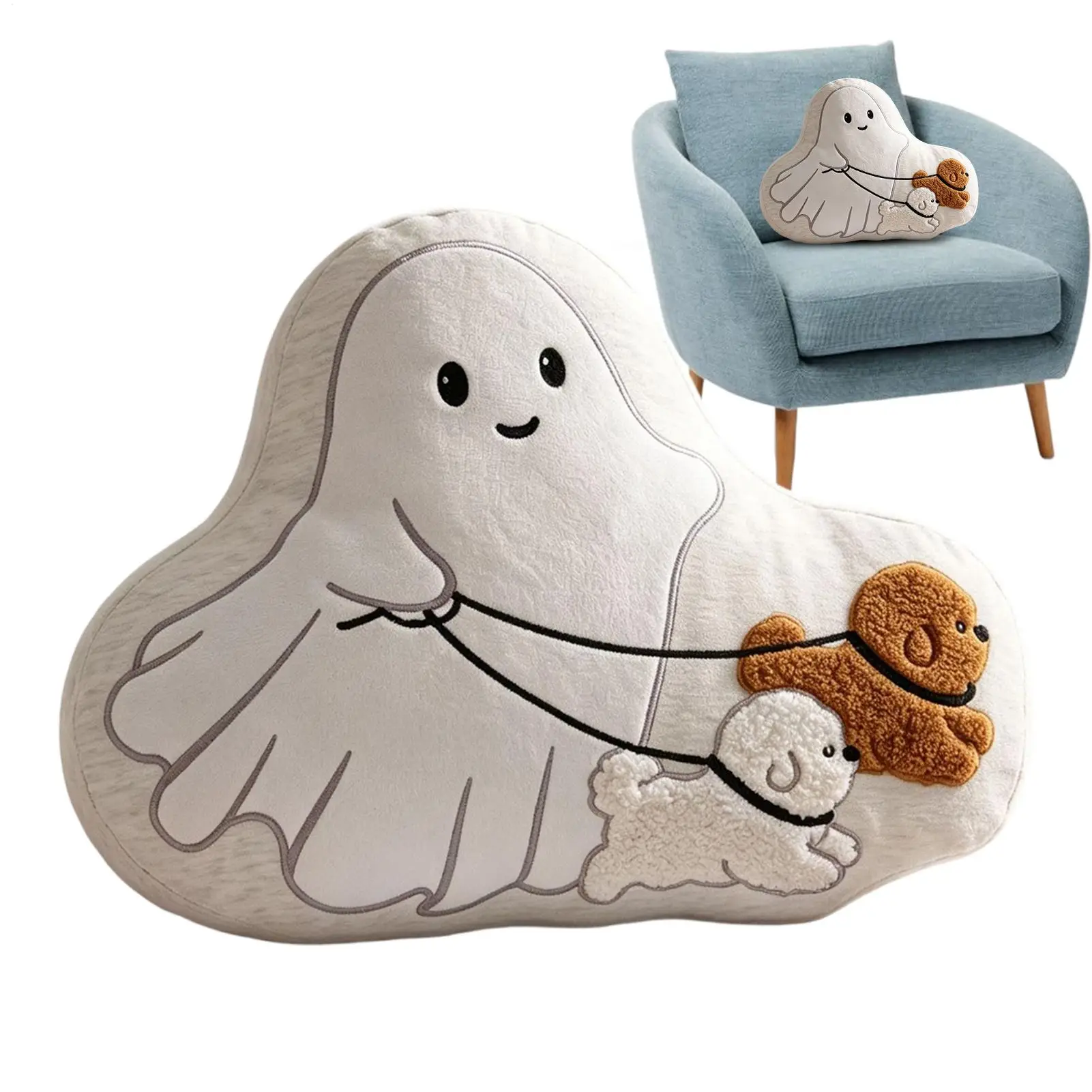 Ghost-shaped Throw Pillow Cute Plush Ghost Decorative Cushion Halloween Warm Stuffed Pillows for Indoor Outdoor Home Bedroom