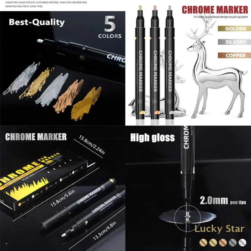 

5 Pcs Chrome Mirror Marker Pen 2mm DIY Reflective Paint Pens Permanent Gold Silver Copper Marker Model Painting Marking