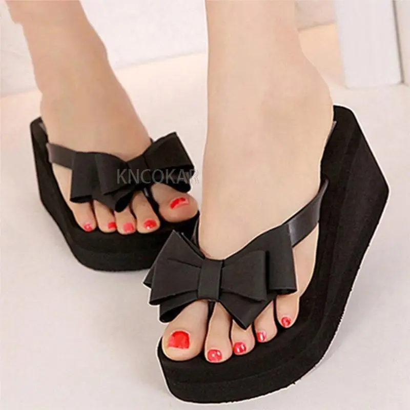 New Arrival Women Fashion Platform Mid Heel Slippers Beach Sandals Bowknot Flip Flops Shoes