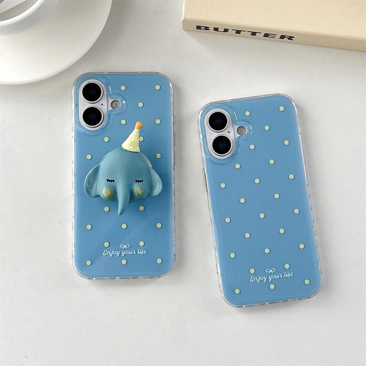 

Cute Cartoon Elephant Stand Phone Case For Apple iPhone 15 Pro 13 14 16 Pro Max Back Cover Blue Polka Dots Lovely Cases