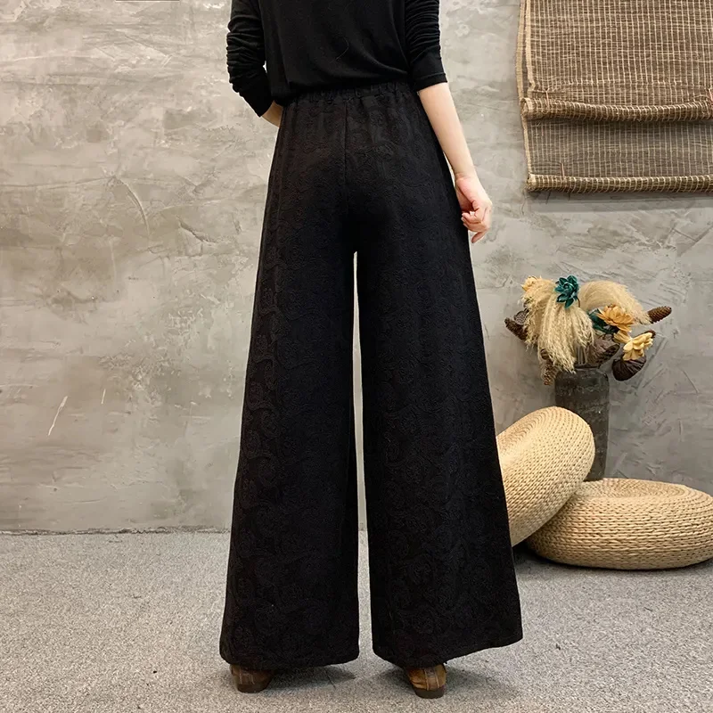 Ethnic Wind High-Waisted Trousers 2024 New Middle-Aged Elderly Mothers Wide-Leg Pants Embroidered Elastic Waist Skirt Pants