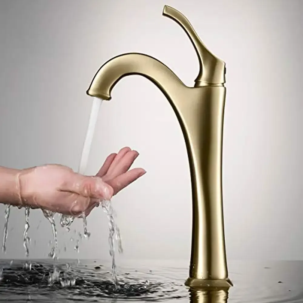 Set of 2 Brushed Gold Tall Vessel Bathroom Faucets with Pop-Up Drain Solid Brass Construction Eco-Friendly Easy Installation