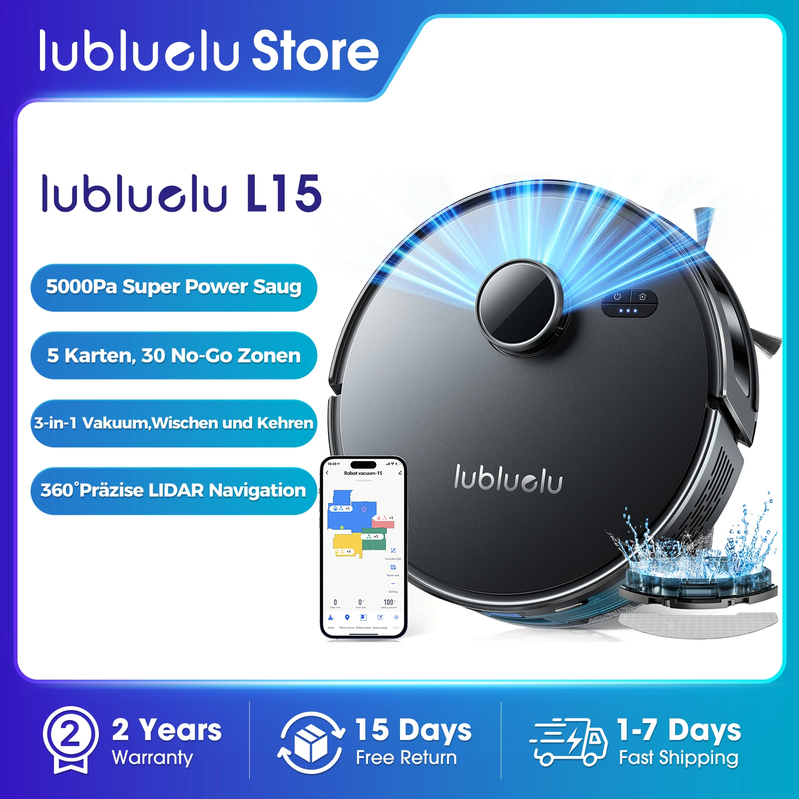 Lubluelu L15 Roboter-Staubsauger- und Wisch-Kombination 5000 Pa, 3-in-1-Roboter-Staubsauger,