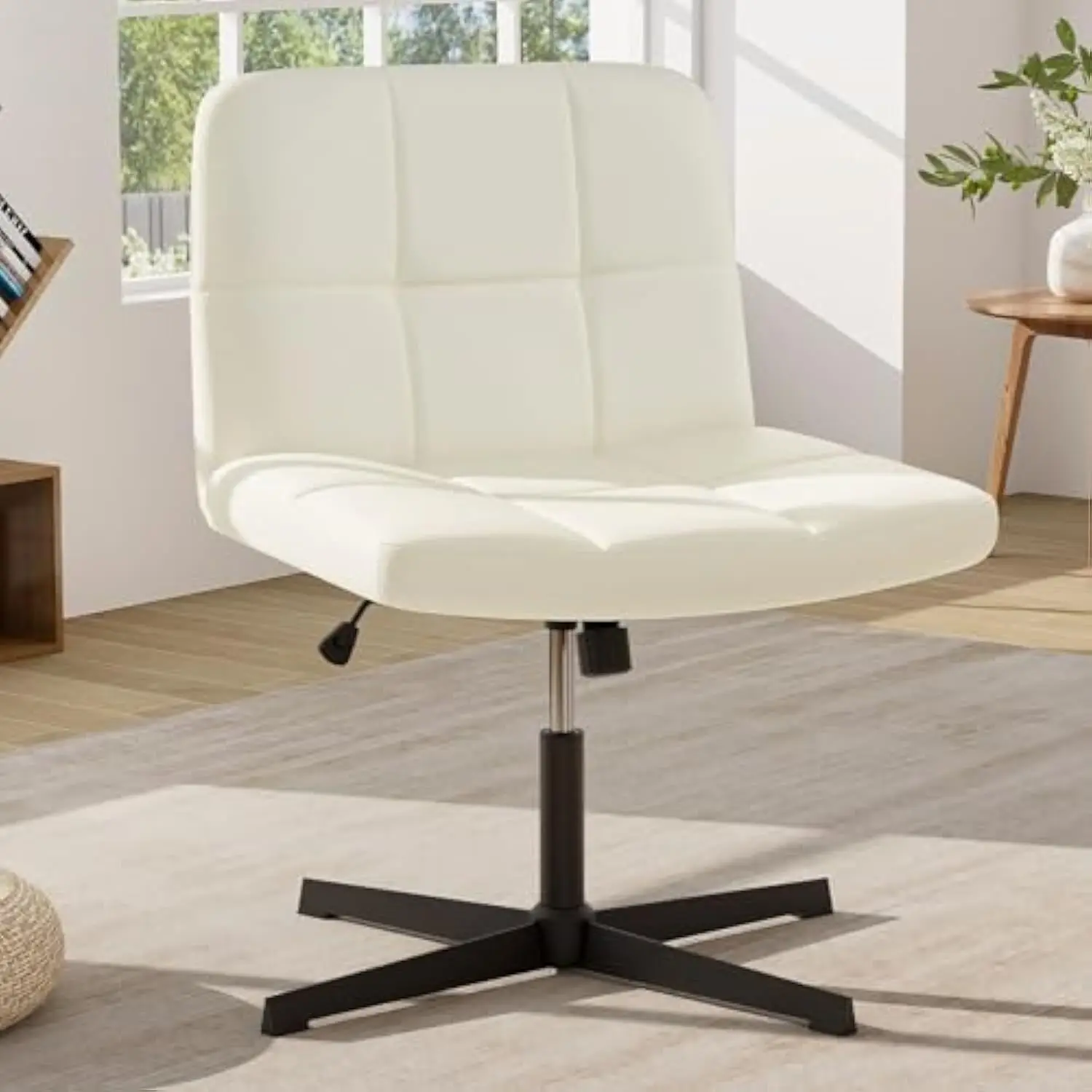 

Criss Cross Chair, PU Leather Cross Legged Office Chair No Wheels, Height-Adjustable Swivel Vanity Chair with U-Shaped Seat, A