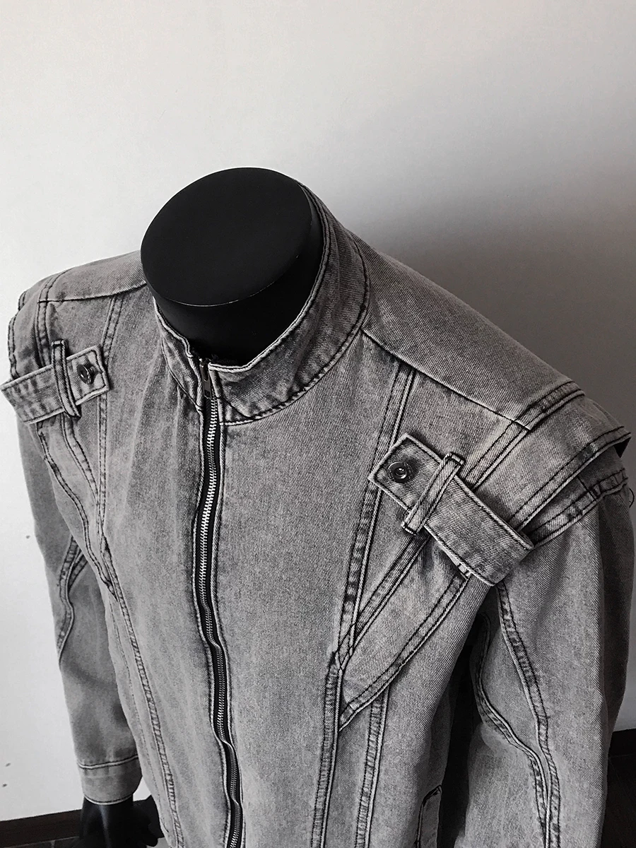 ReddaChic jaren 2000 Distressed Heren Denim Bomberjack Vintage Vuile Gewassen Lange Mouw Zip-up Jean Jas Biker Moto Streetwear