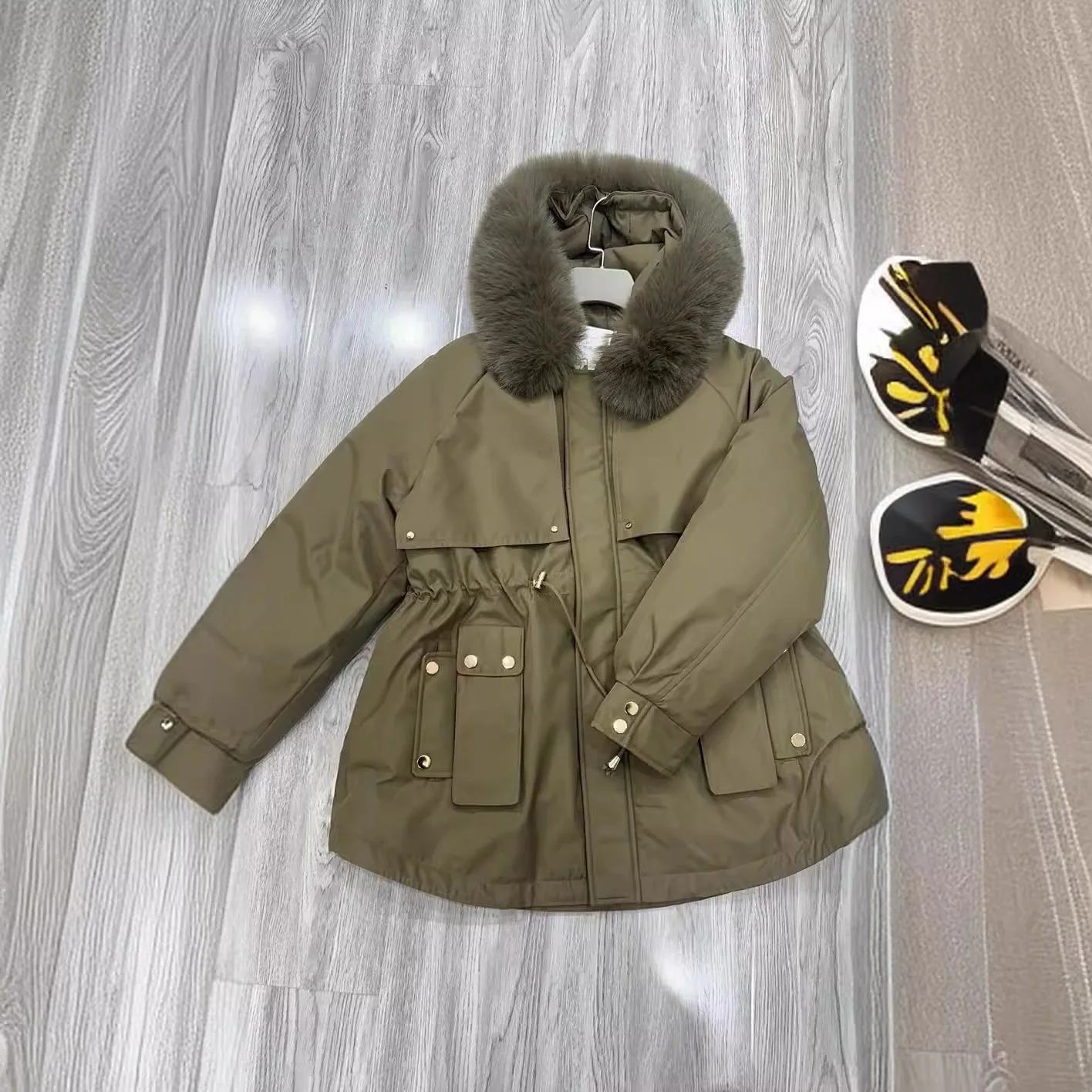 

Women's Thickened Parka down Cotton Jacket Mid-Length Waist-Cinching Fleece-Lined Korean Style Cotton Coat New