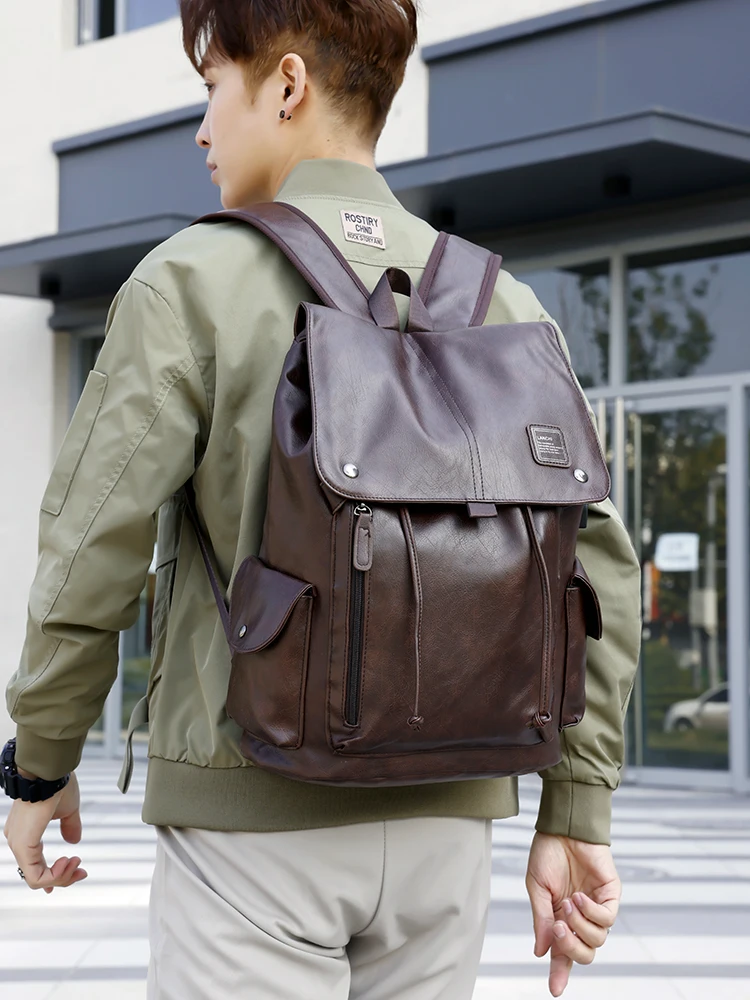 حقيبة ظهر رجالية عصرية من الجلد الناعم بسعة كبيرة، حقيبة لابتوب 6 بوصة، حقيبة كتب أنيقة لطلاب المدارس الثانوية والجامعات