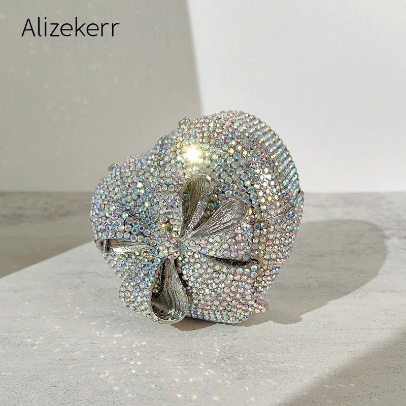 Alizekerr Heart Shaped Crystal Evening Bags Women Gorgeous Bow Diamond Metal Clutch Purses And Handbags Bridal Wedding Party