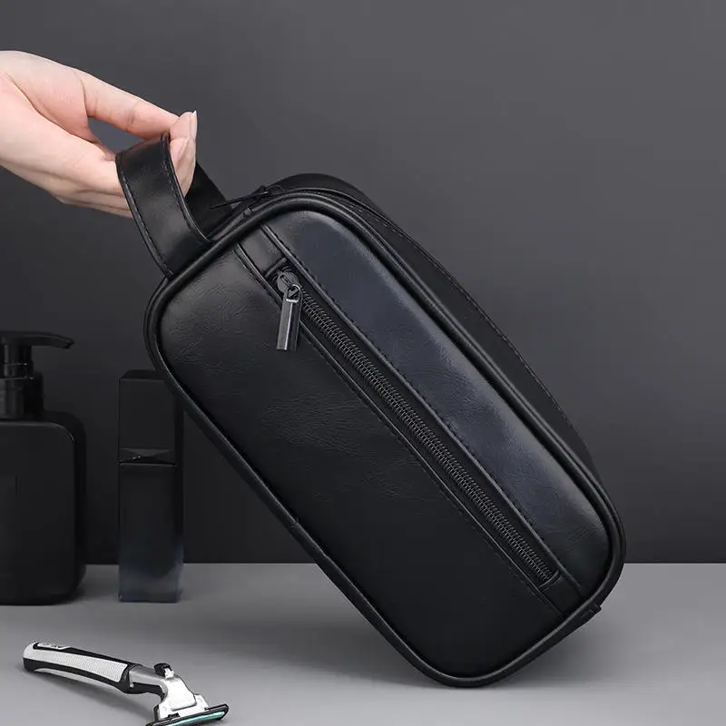 

HOT Men Retro PU Leather Wash Bag Travel Business Trips Portable Cosmetic Large Capacity Design Handheld Waterproof