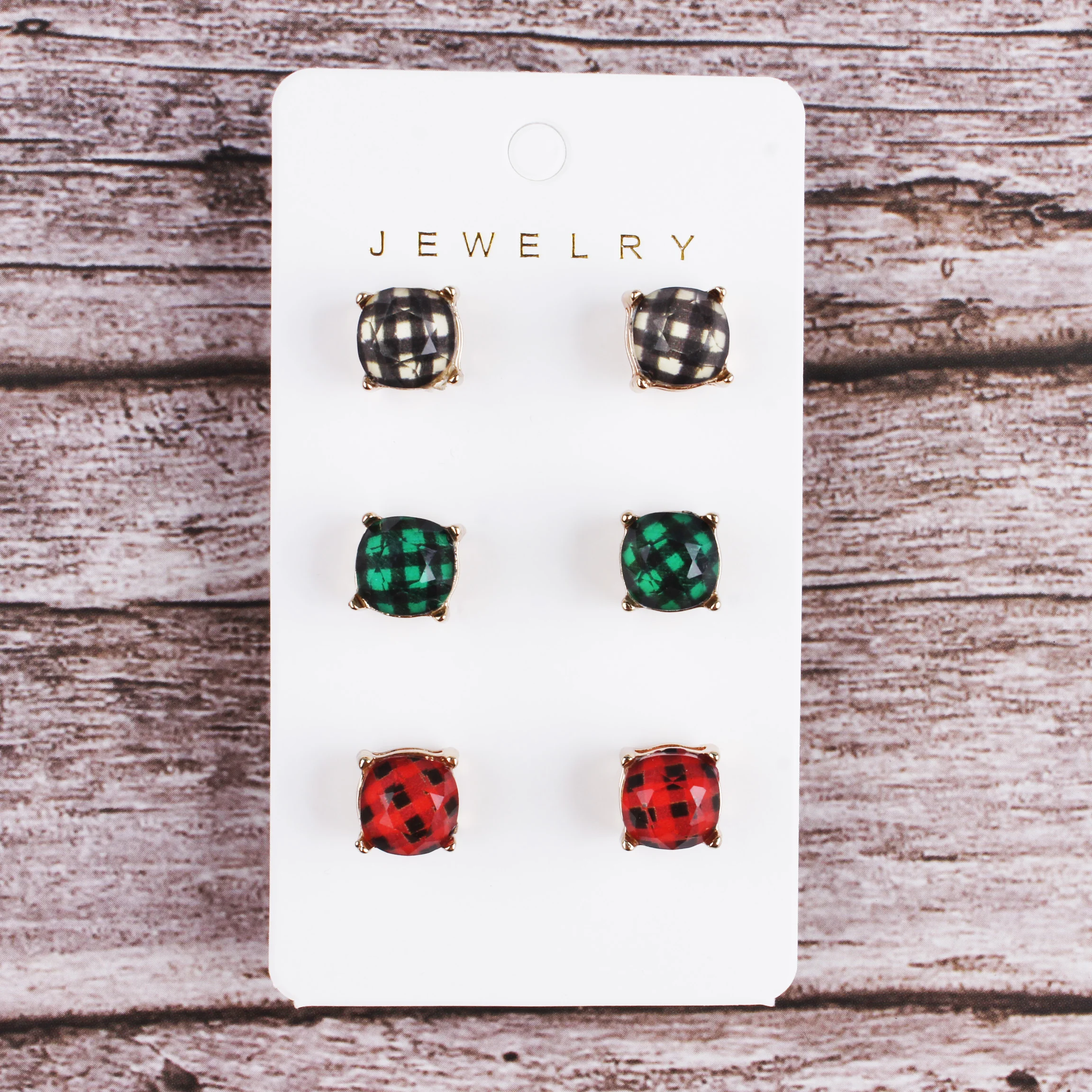 3 Pairs 1 Card Lattice Stripes Zebra Leopard Abalone Resin Stud Earrings COLLECTION