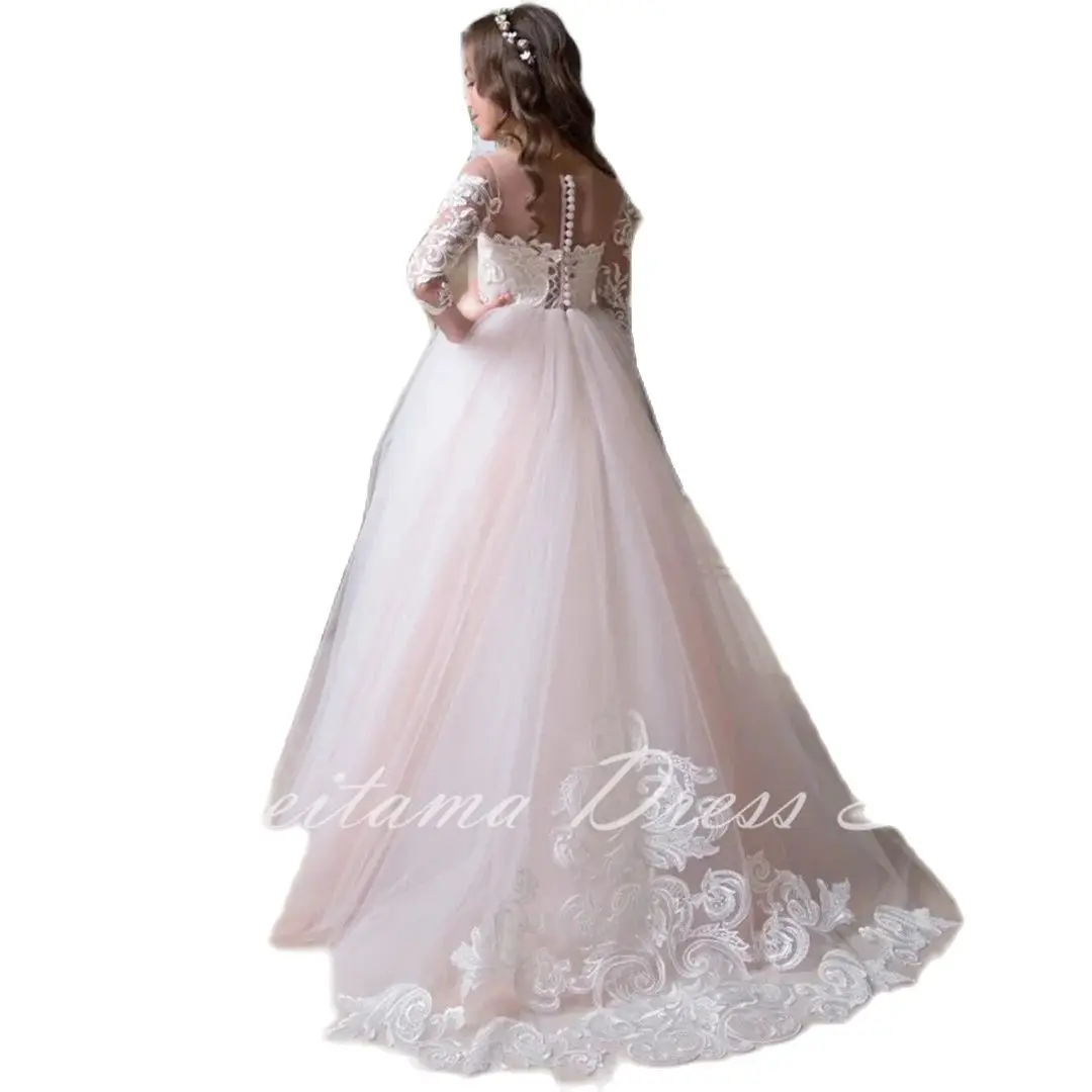 결혼식 생일 첫 번째 꽃의 소녀 드레스 성찬식 가운을위한 테일링 긴 소매가있는 Tulle Puffy Appliques 패턴