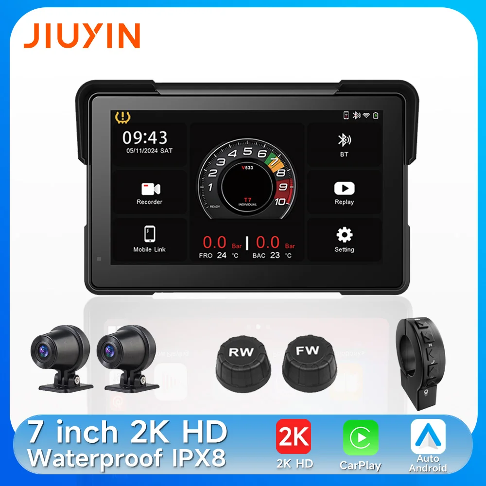 7 Inch Motorcycle Multimedia Player 2K HD GPS Navigation Video Recorder Wireless CarPlay Android Auto IPX8 Waterproof Screen BT