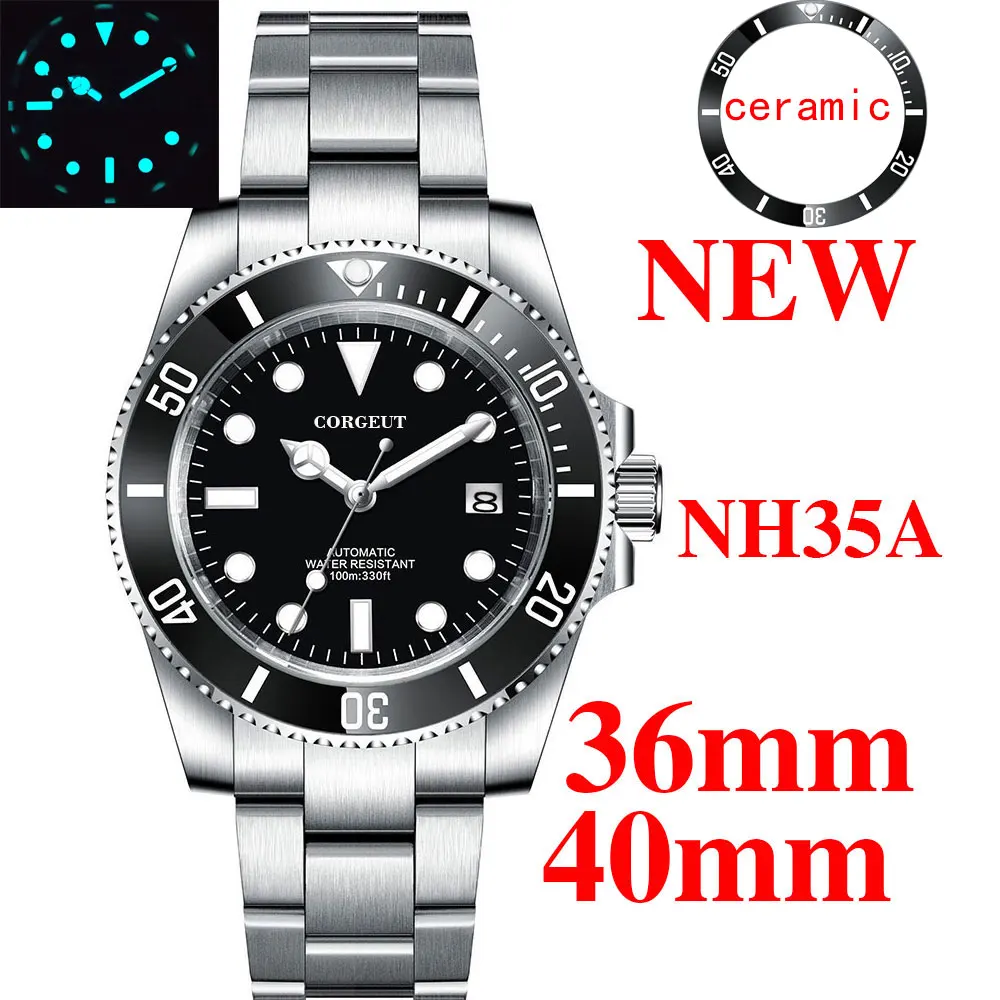 

36mm/40mm Relogio Masculino Sterile Dial Sapphire Crystal Automatic Men's Watch Japan NH35 Miyota Movement Green Luminous