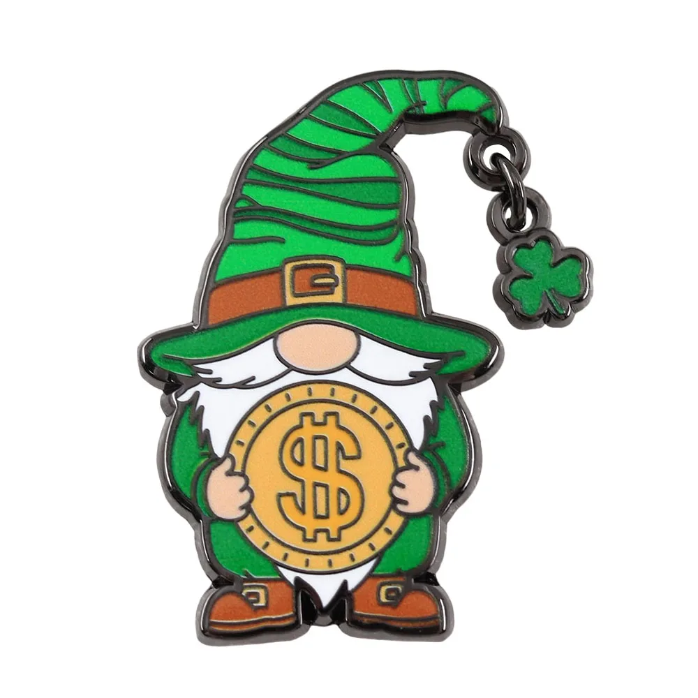 St. Patrick's Day Lucky Green Leprechaun Enamel Brooch Fairy Holding Gold Coin with Shamrock Design Badge Ireland Festival Gift