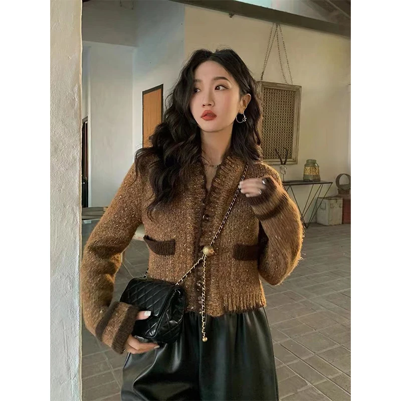 Vintage Knitted Cardigan Women Elegant Cropped V Neck Sweater Coat Sweet Korean Patchwork Short Knitwear Casual Jumpers Tops New