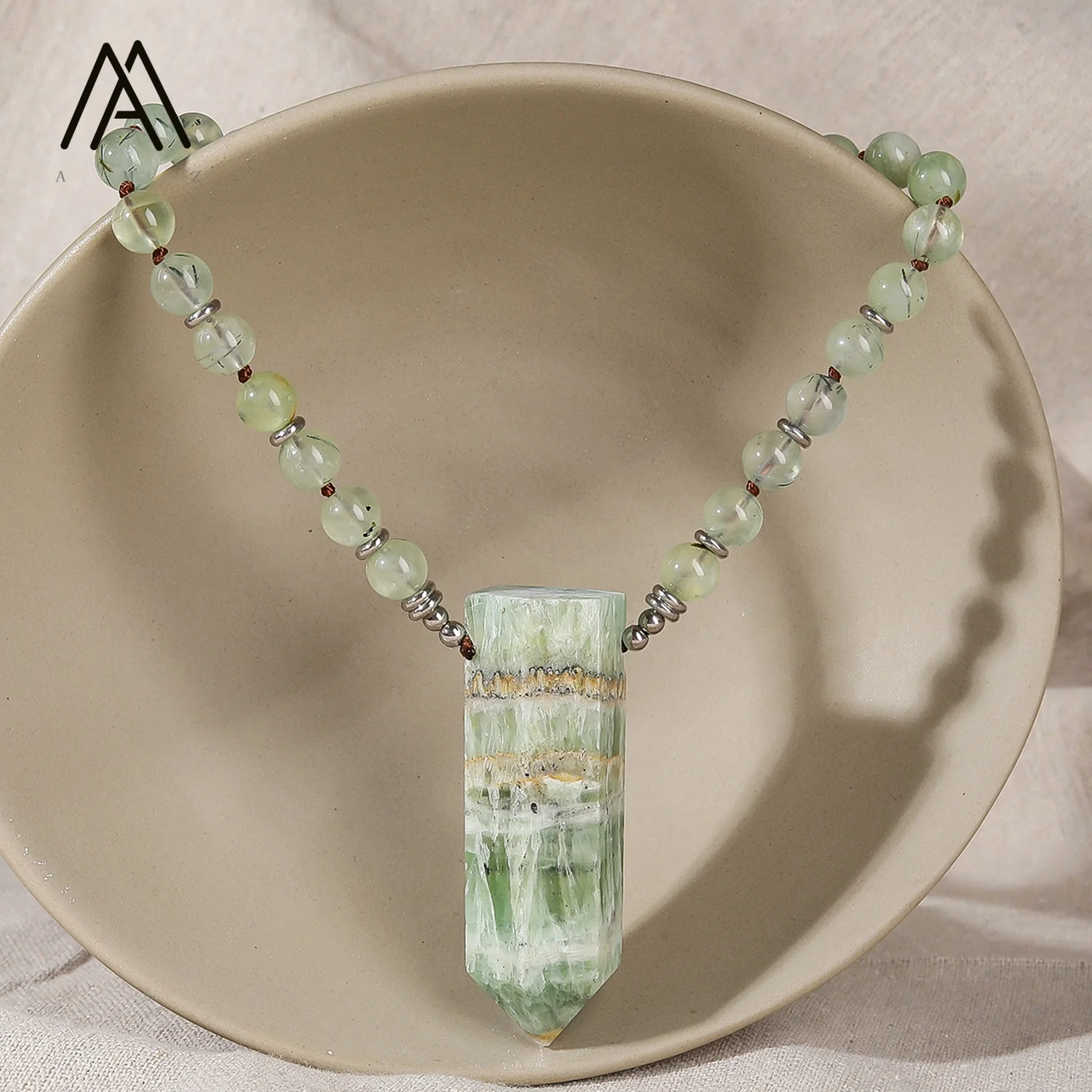 Natural Prehnite Stone Necklace 108 Beads Mala Necklace Beaded Point Pendant for Women Party Daily Protection Healing Jewelry