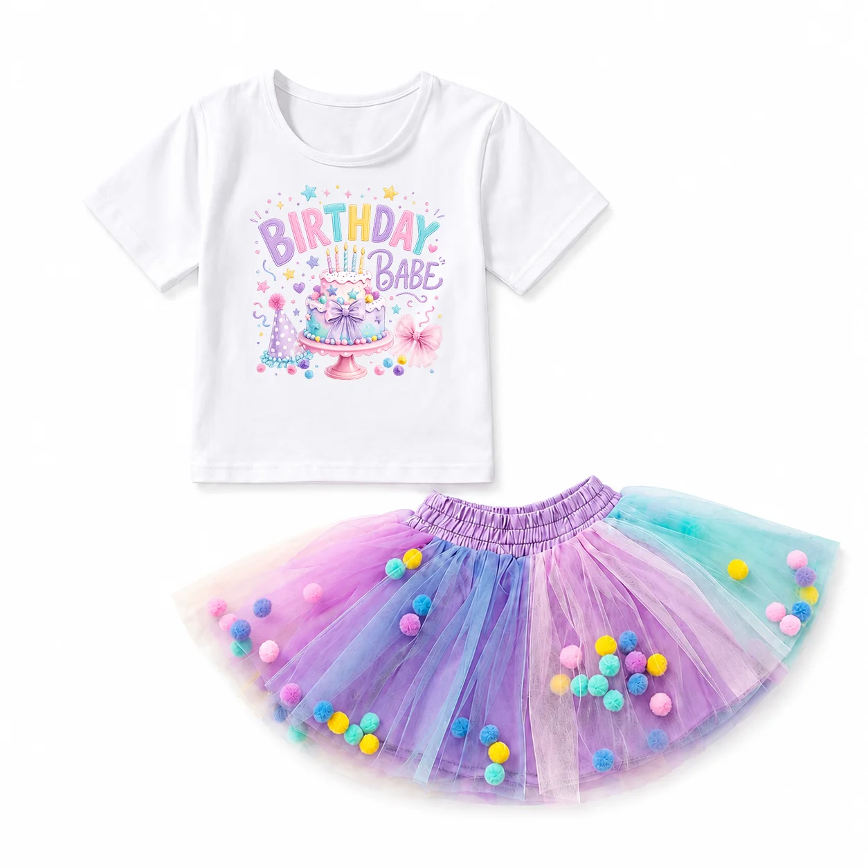 Bild 3: Kinder Geburtstag Babe Tutu Set Kleine Mädchen Kuchen-Print T-Shirt Regenbogen Pompon Mesh Rock Kleinkind Prinzessin Geburtstagsparty Outfit Ph