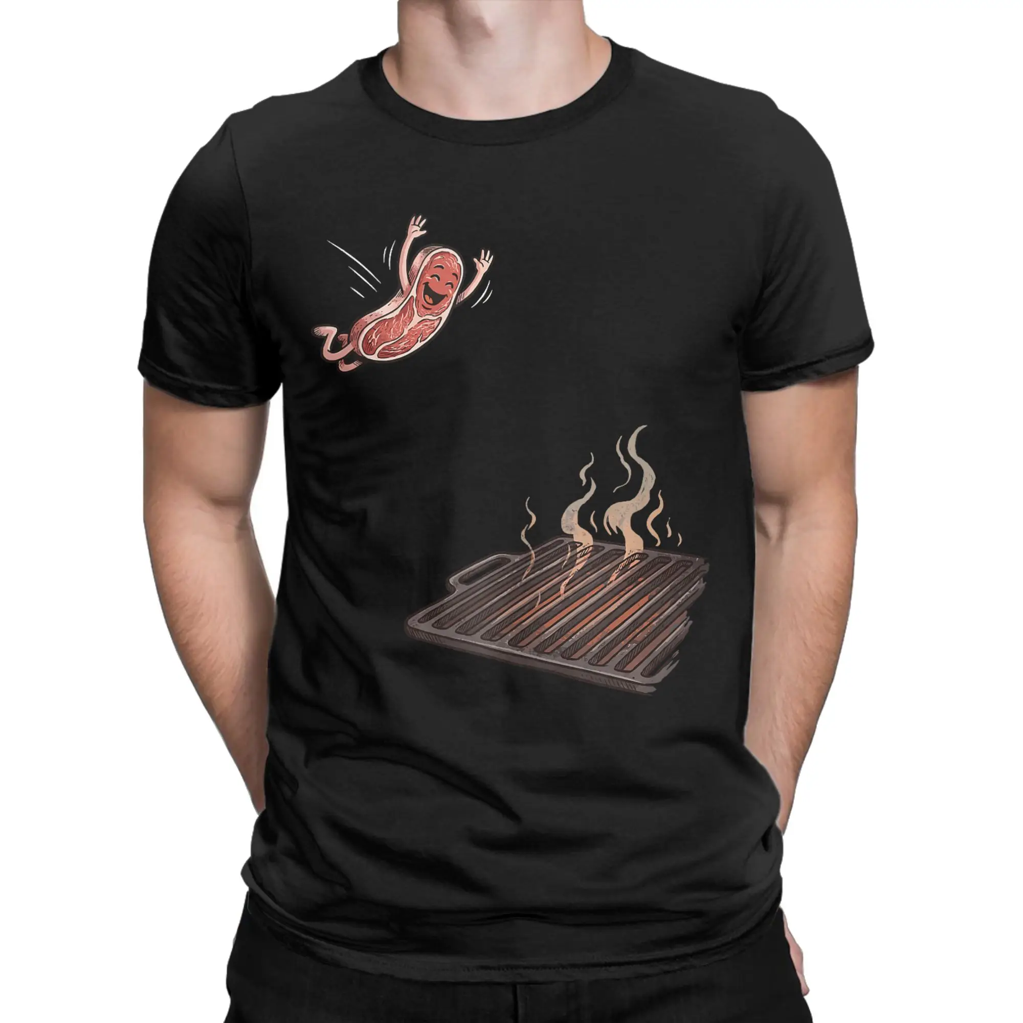 BBQ Steak Meme Cute Meat Jumping Into Grill Men T Shirt  Hipster Tee Shirt Short Sleeve Round Collar T-Shirt Pure Cotton Party