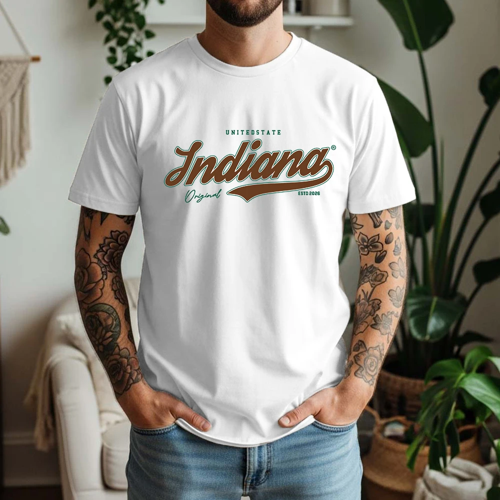 Mens 100% Cotton T Shirt United State Indiana ESTD 2026 Original Vintage Script Letter Print Breathable Short Sleeve Daily Wear