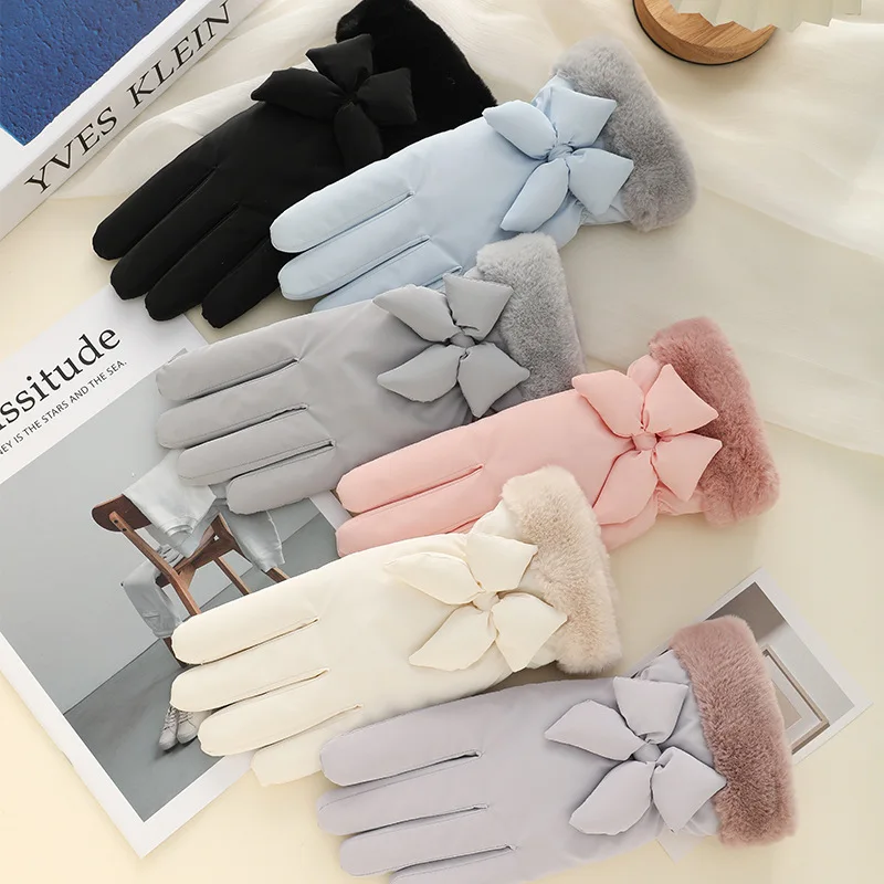 قفازات نسائية مقاومة للبرد مبطنة بالفرو سميكة شتوية دافئة للتزلج وركوب الدراجات والرياضات الخارجية شاشة لمس لطيفة للطالبات