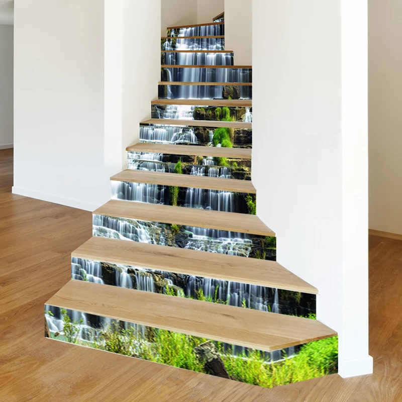 Green Mountains Waterfall Vinyl Staircase Stickers Self Adhesive for Pastoral Home Decorations Aesthetic Rooms Stair Art Mural