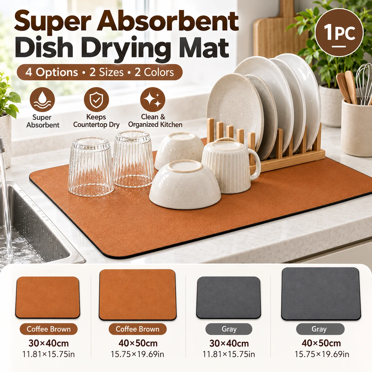 1pc Absorbent Dish Drying Mat Non Slip Rubber Back Heat Resistant Kitchen Counter Coffee Machine Pad 30x40 40x50cm