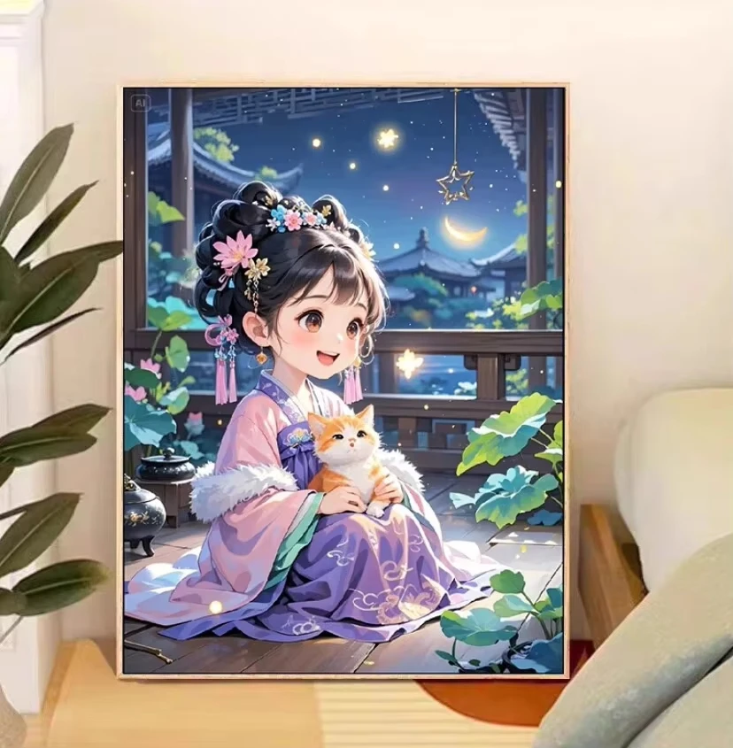 5D DIY Diamant-Malerei-Set Mädchen Katze Kreuzstich Kunst Voll-Strass-Mosaik Wanddekoration Bastelset Geschenk für Zuhause Rahmenlos