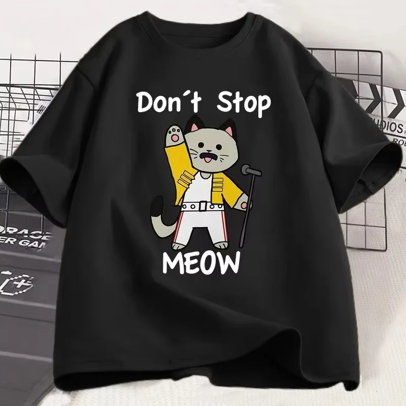 Unisex Don't Stop Meow Singer Cat Graphic T‑Shirt Short Sleeve Crew Neck Loose Funny Cartoon Casual Tops for Men Women