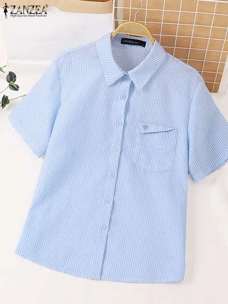 ZANZEA Women Fashion Striped Textured Shirts Korean Style Heart-shaped Detail Button Up Camisas 2024 Summer Casual Loose Blouses