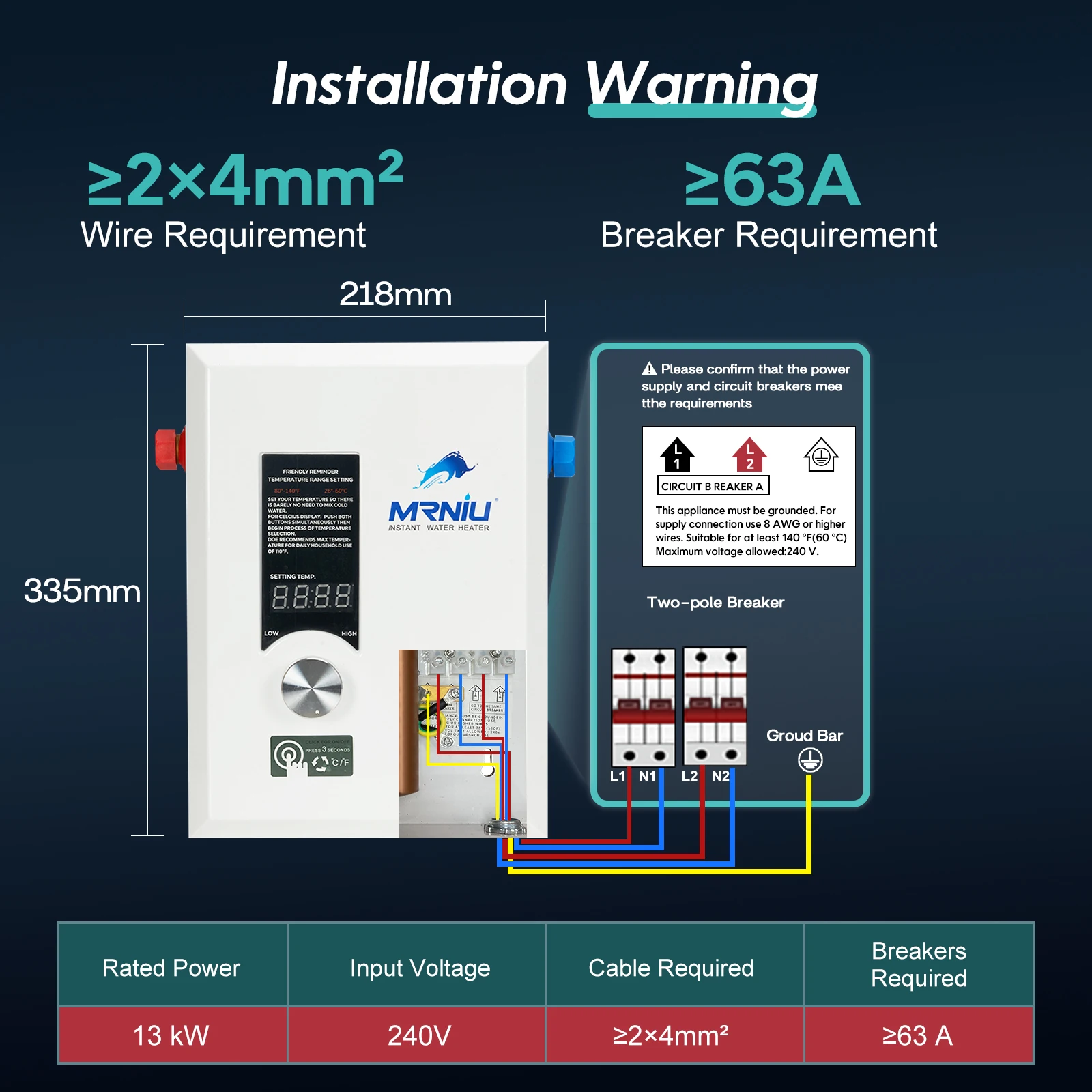 MR.NIU 13Kw Endless hot water bathroom shower 2-6 l/m instant electric hot water heater tankless instantaneous water heater