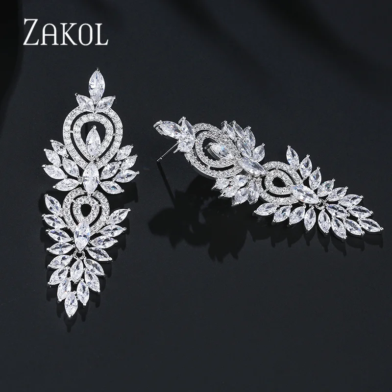 Luxury Leaf Marquise Zircon Long Drop Dangle Earrings Shiny AAA Cubic Zirconia Bridal Women\'s Wedding Party Jewelry Accessories