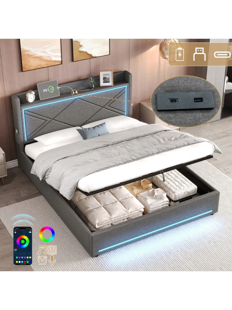 Ye 4ft6 Double Upholstered Bed Frame with Hydraulic Storage, USB and Type – C Ports, No Box Spring Needed, Grey (No Mattress)