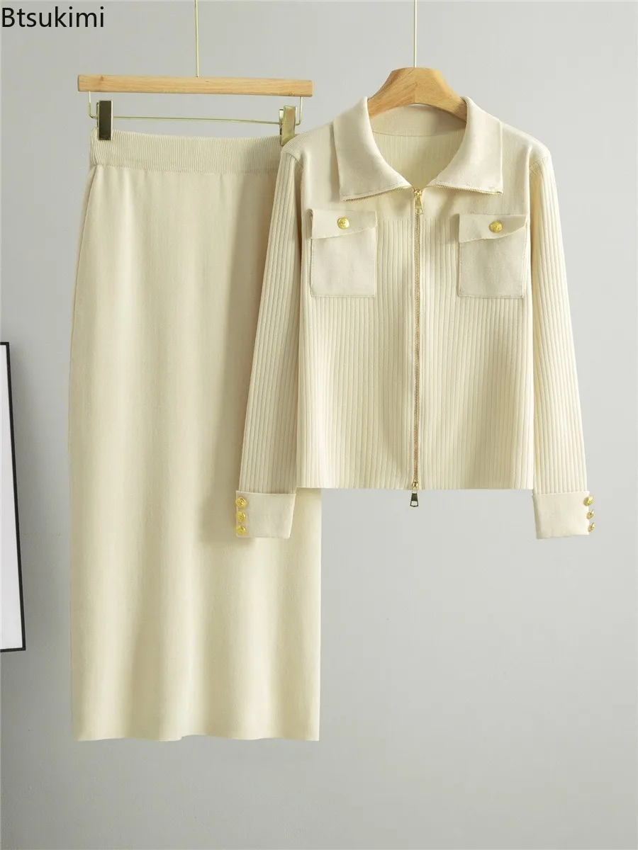 Women Polo Collar Knitted Skirt Set Solid Color Lapel Collar Zip Sweater Cardigan+Slimming High Waist Knitted Skirt 2-piece Set image 2