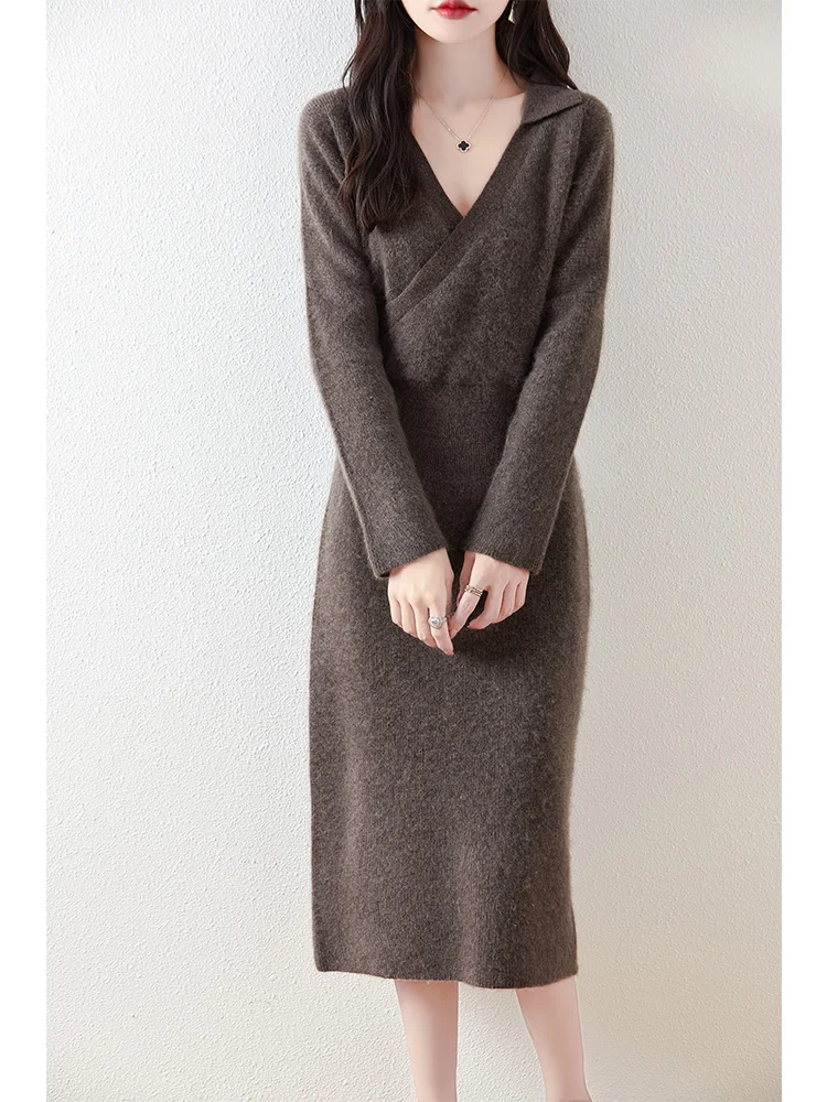 100% Merino Wool Women\'s Knitted Long Dress, Waist, Lapels, Loose, Elegant, Casual, Fashionable, Sweater, 2024 Autumn/Winter