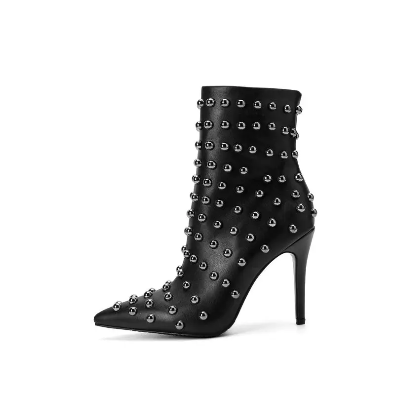 Women PU Studded Ankle Boots Pointed Toe Stiletto High Heel Metal Rivet Decor Punk Rock Fashion Party Short Booties F462