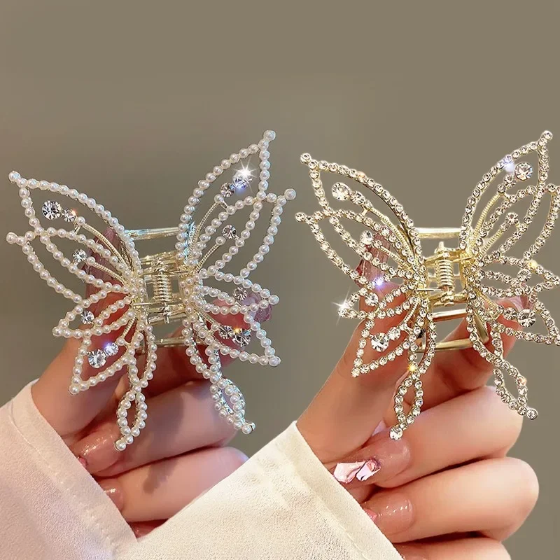 1/2Pcs Butterfly Crystal Hair Clip Women Shiny Rhinestone Vintage Pearl Shark Hairpins Metal Openwork Ponytail Holder Hair Claw