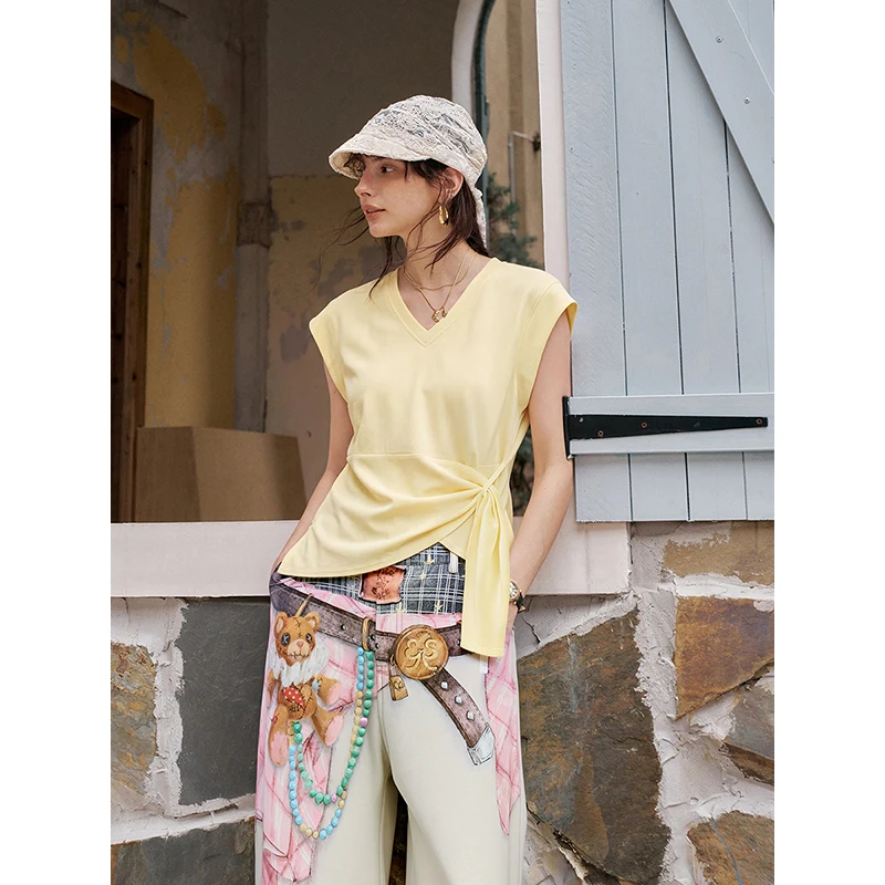 ELFSACK Solid Wrap T-Shirt, Side Knot V-Neck Top, Casual Cap Sleeve Cropped Tee for Women