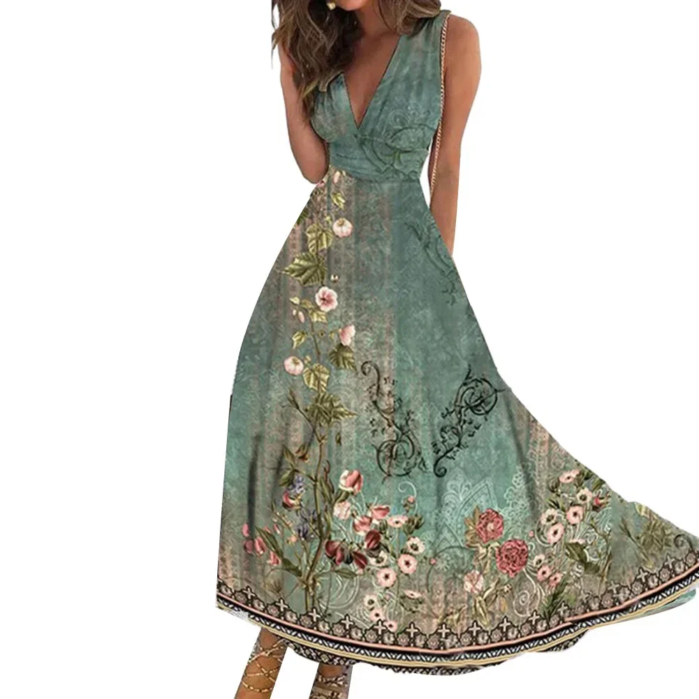 

Flower Print New Casual Sleeveless Long Dress Women's V-Neck Printed Dress Swing Bohemian Retro Dresses Sundress