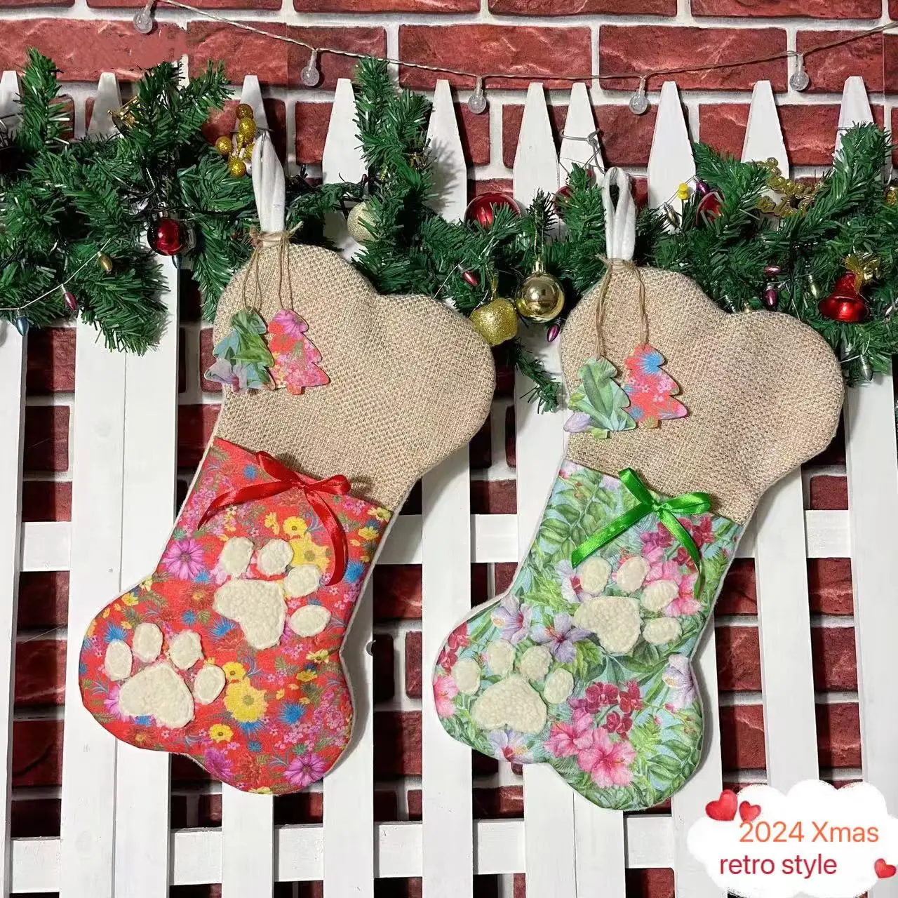 

2024 New Bone Shape Xmas Stockings Retro American Countryside Home Christmas Decorations Cute Socks Ornaments Kids Gifts Bags